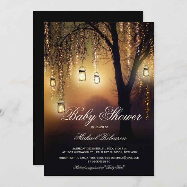 Mason Jar String Lights Elegant Rustic Baby Shower Invitation (Front/Back)