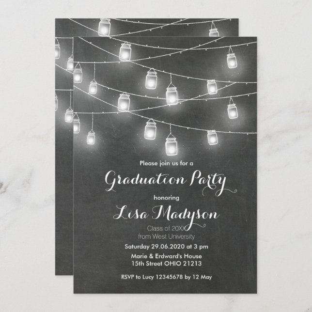 Mason Jar String Lights Graduation Party Invite (Front/Back)