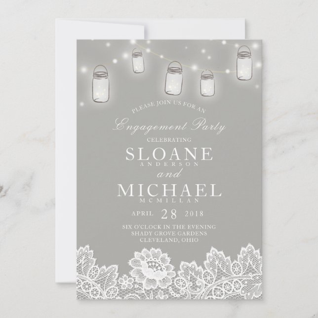 Mason Jar String Lights Lace Grey Engagement Party Invitation (Front)