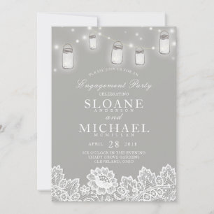 Mason Jar String Lights Lace Grey Engagement Party Invitation