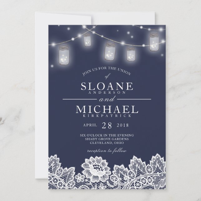 Mason Jar String Lights Lace Navy Blue Wedding Invitation (Front)