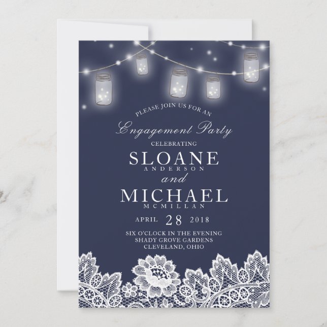 Mason Jar String Lights Lace Navy Engagement Party Invitation (Front)