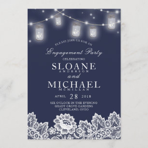 Mason Jar String Lights Lace Navy Engagement Party Invitation