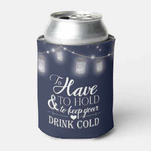 Mason Jar String Lights Navy Blue Wedding Can Cooler