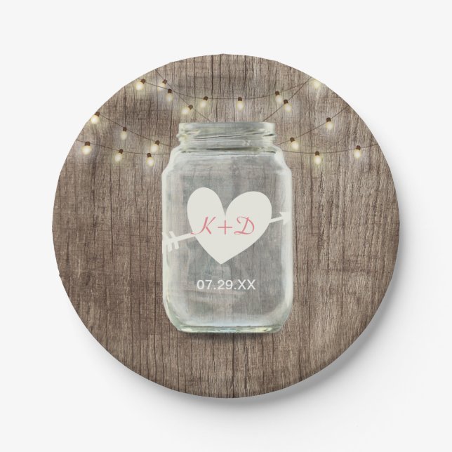 Mason Jar & String Lights Rustic Barn Wood Wedding Paper Plate (Front)