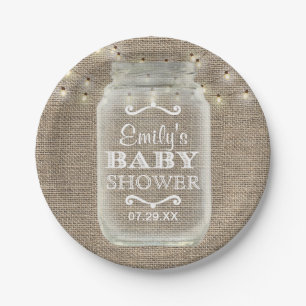 Mason Jar String Lights Rustic Burlap Baby Shower Paper Plate