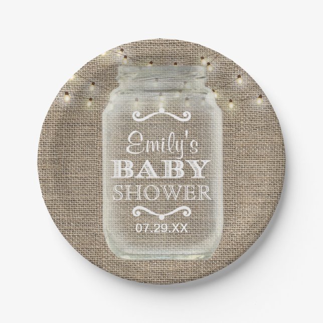 Mason Jar String Lights Rustic Burlap Baby Shower Paper Plate (Front)