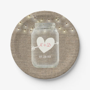 Mason Jar & String Lights Rustic Burlap Wedding Paper Plate