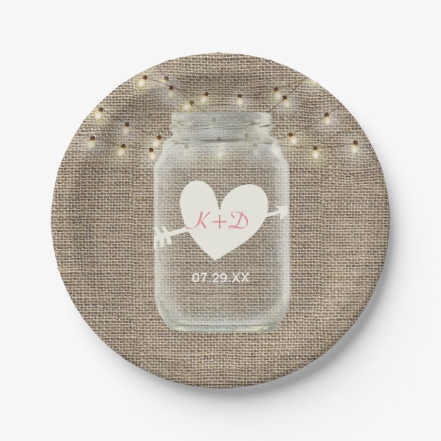 Mason Jar & String Lights Rustic Burlap Wedding Paper Plate (Front)