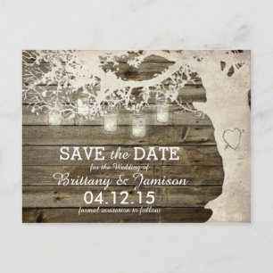 Mason Jar String Lights Rustic Tree Save the Date Announcement Postcard