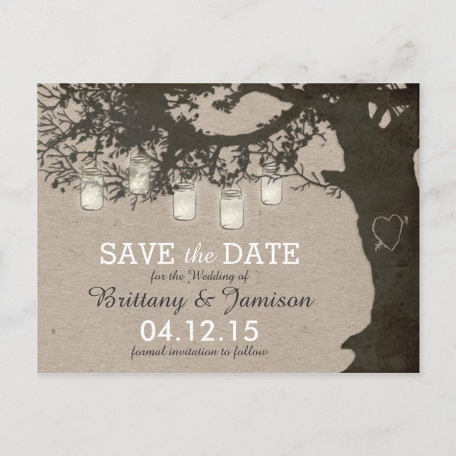 Mason Jar String Lights Rustic Tree Save the Date Announcement Postcard (Front)