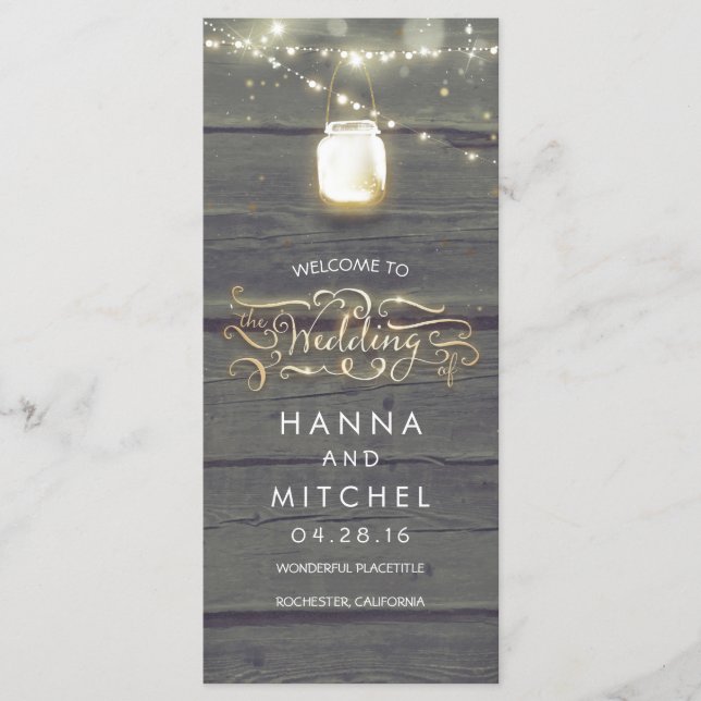 Mason Jar String Lights Rustic Wedding Programs (Front)