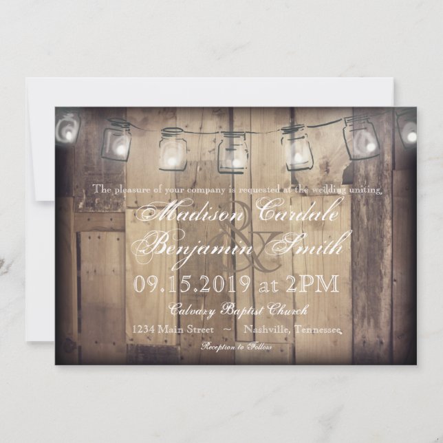 Mason Jar String Lights Rustic Wood Wedding Invite (Front)