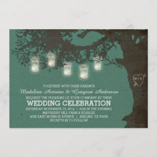 Mason Jar String Lights Teal Tree Wedding Invite
