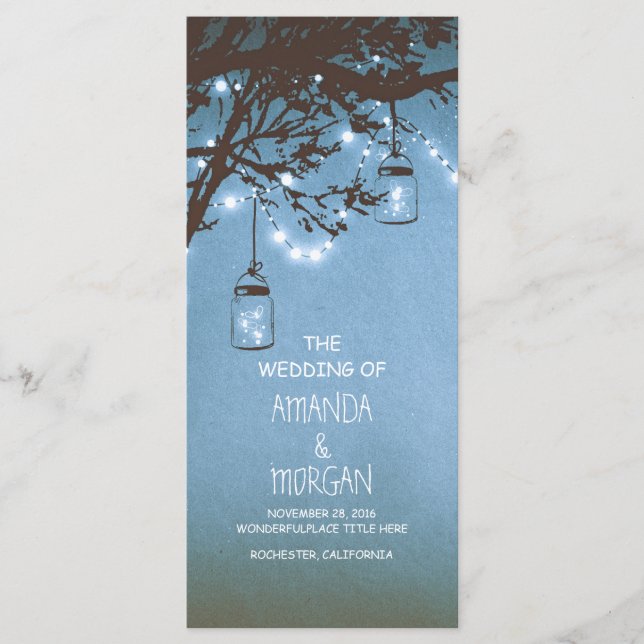 Mason Jar String Lights Tree Blue Wedding Programs (Front)