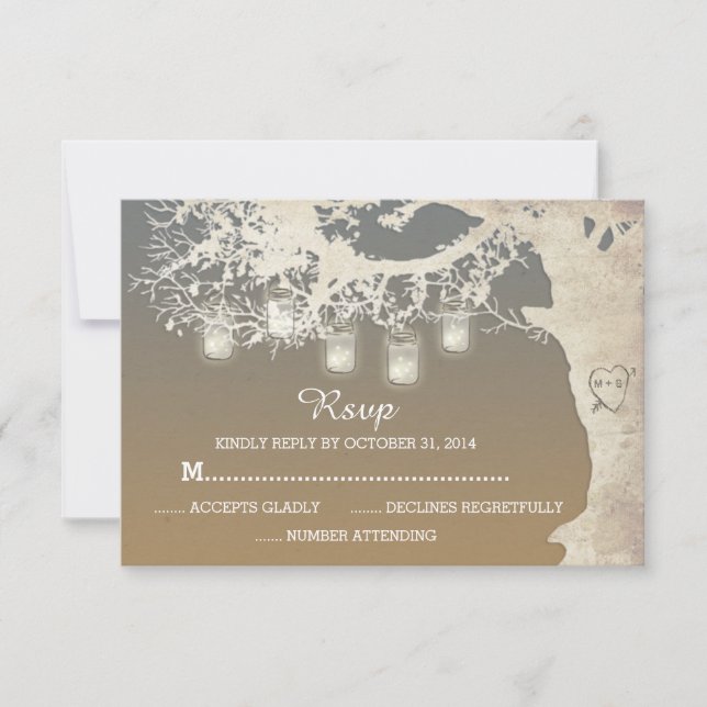 Mason Jar String Lights Tree Branch Sunset RSVP Card (Front)
