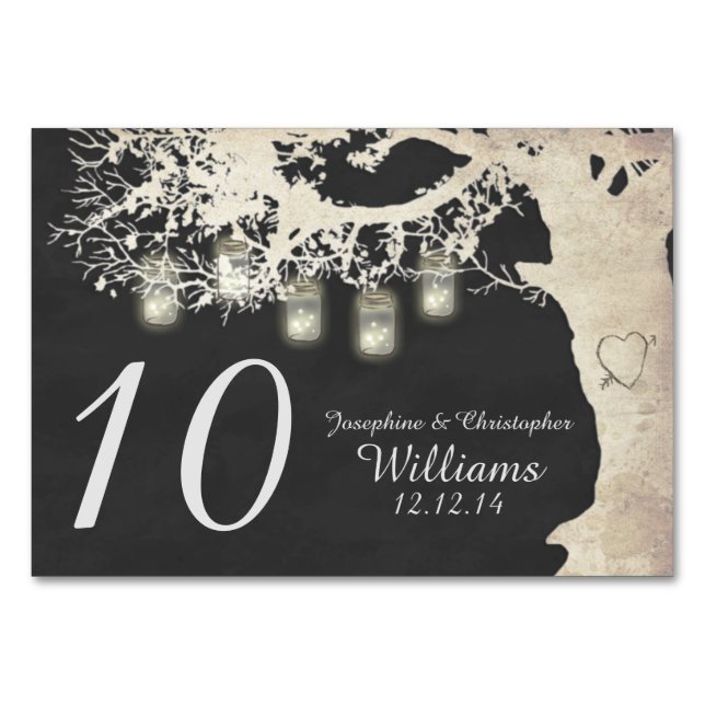 Mason Jar String Lights Tree Chalk Table Number (Front)