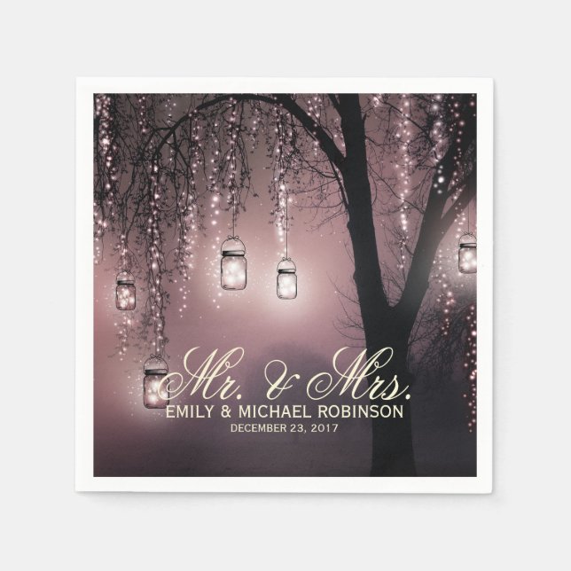Mason jar string lights tree rustic wedding napkin (Front)