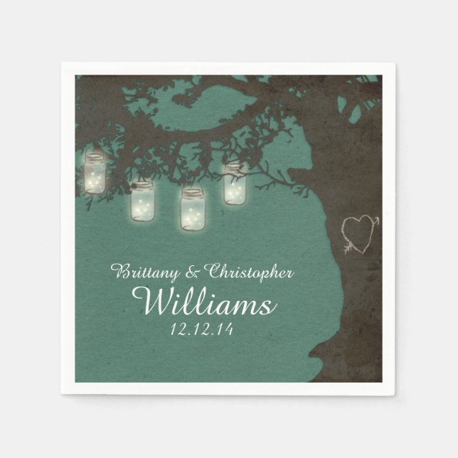 Mason Jar String Lights Tree Teal Vintage Napkins (Front)