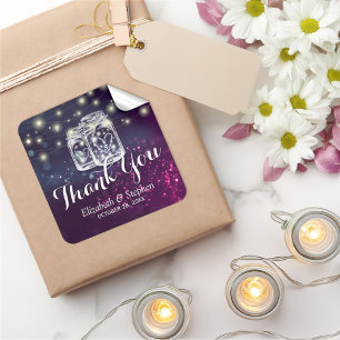 Mason Jar & String Lights Wedding Favour Thank You Square Sticker