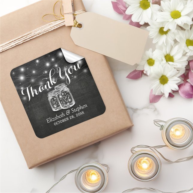 Mason Jar & String Lights Wedding Favour Thank You Square Sticker (Creator Uploaded)