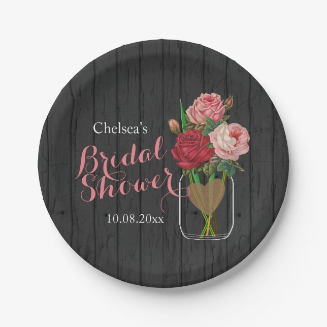 Mason Jar Stylish Rose Bridal Shower Design Paper Plate (Front)