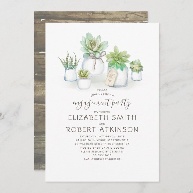 Mason Jar Succulents Rustic Engagement Party Invitation (Front/Back)