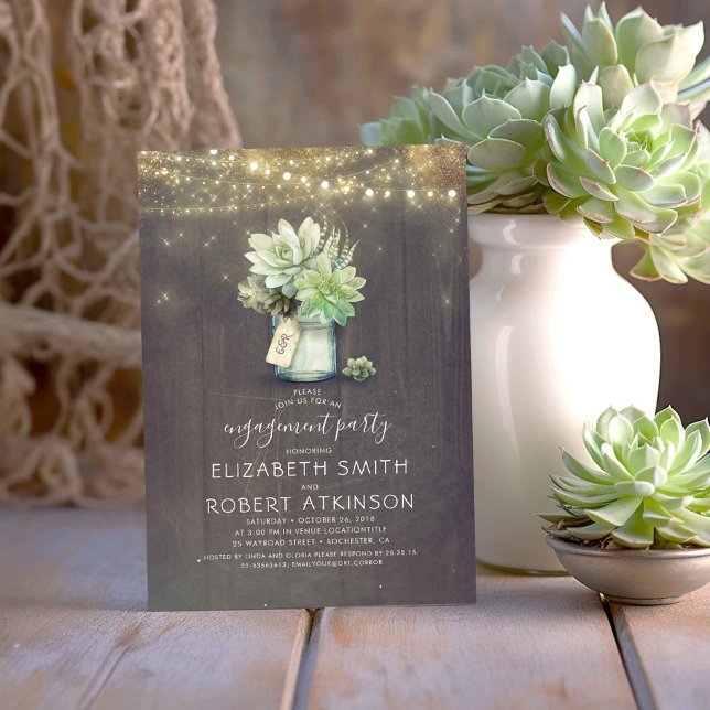 Mason Jar Succulents Rustic Engagement Party Invitation (Succulents Greenery Mason Jar Engagement Party Invitations)
