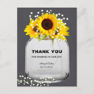 Mason jar sunflower chalkboard thank you postcards