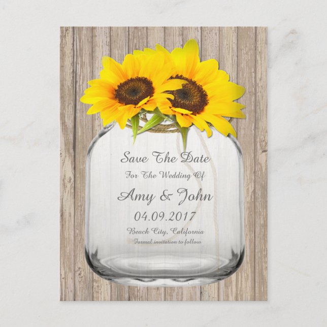 Mason jar sunflower save the date sunflwr6 announcement postcard (Front)