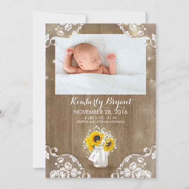 Mason Jar Sunflowers Rustic Baby Birth Photo Announcement (Front)
