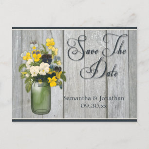 Mason Jar Violas Pansies Barn Wood Save The Date Announcement Postcard