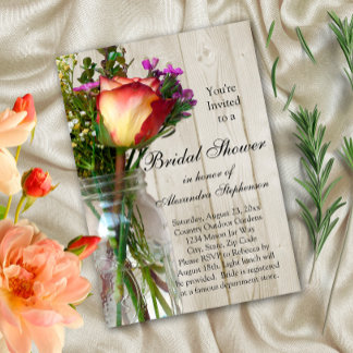 Mason Jar w/Rose/Wildflowers Bridal Shower Invite