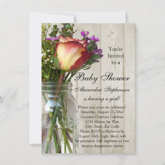 Mason Jar w/Rose/Wildflowers Girl Baby Shower Invitation