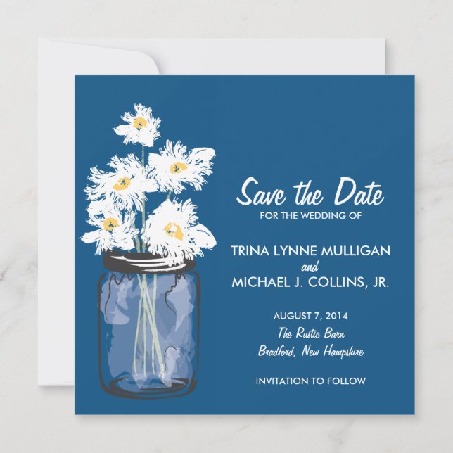 Mason Jar & White Daisies Save the Date (Front)