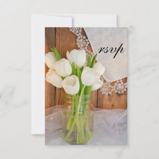 Mason Jar White Tulips Country Barn Wedding RSVP (Front)