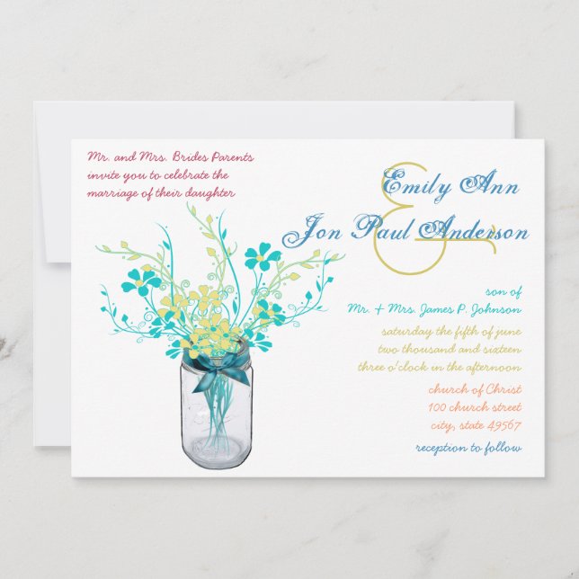 Mason Jar Wild Flower Wedding Invitations (Front)