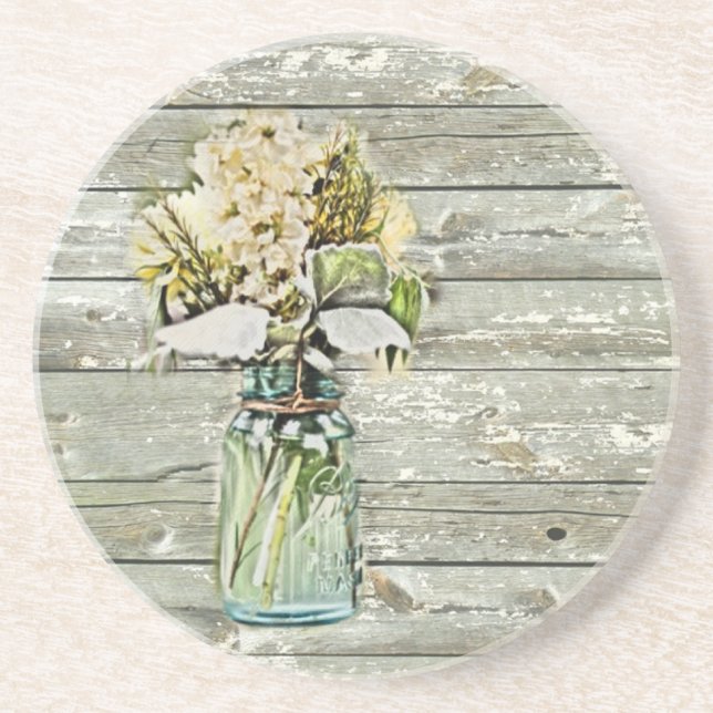 Mason jar wildflower barn wood french country coaster (Front)