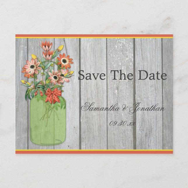 Mason Jar Wildflowers Barn Wood Save The Date Announcement Postcard (Front)