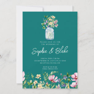 Mason Jar Wildflowers Rustic Country Green Wedding Invitation
