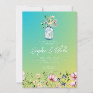 Mason Jar Wildflowers Rustic Ombre Green Wedding Invitation