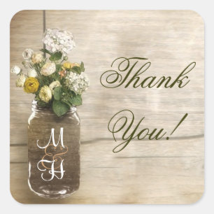 mason jar with flowers thank you stickers