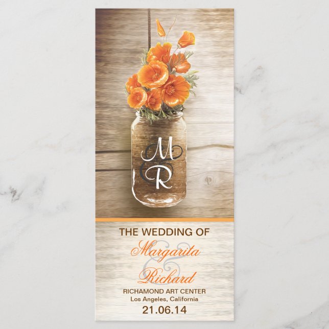 mason jar with orange flowers wedding program (Front)