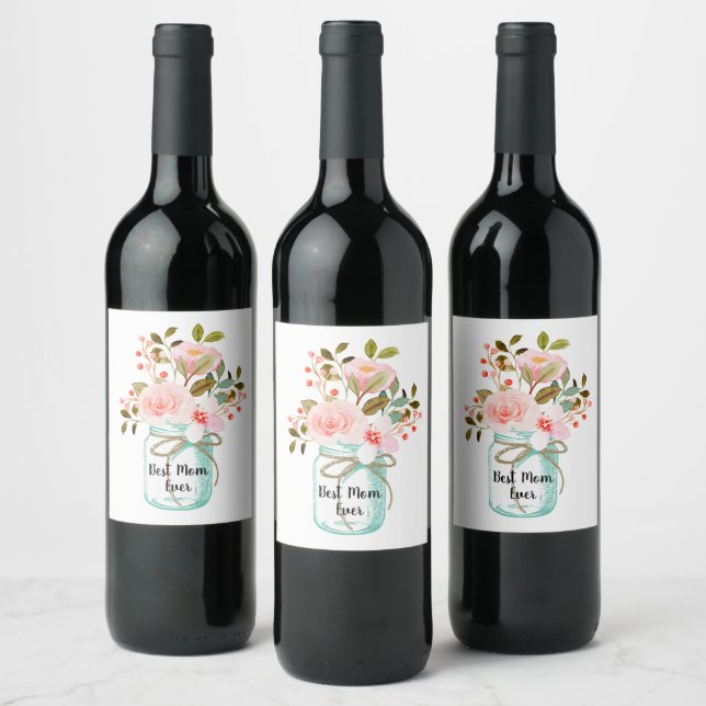 Mason Jar with Pink Flowers Mum Gift Idea Wine Label (Bottles)