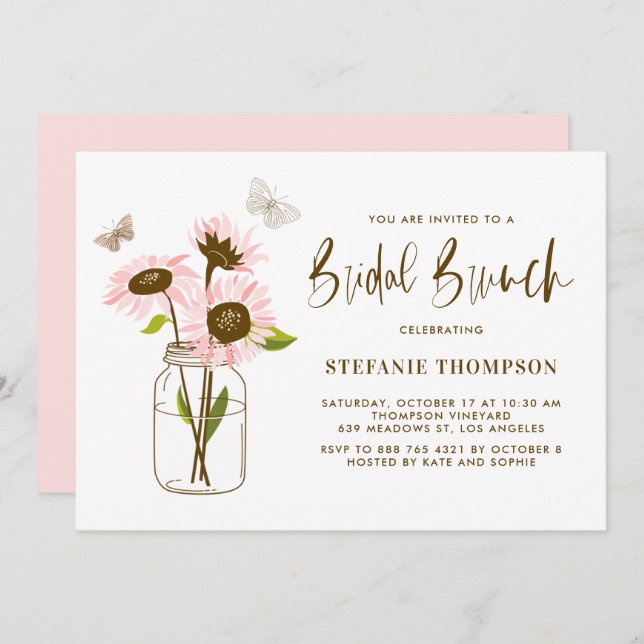 Mason Jar with Pink Sunflowers Bridal Brunch Invitation (Front/Back)
