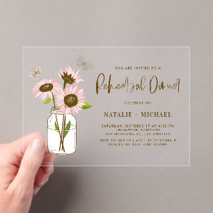 Mason Jar with Pink Sunflowers Rehearsal Dinner Acrylic Invitations
