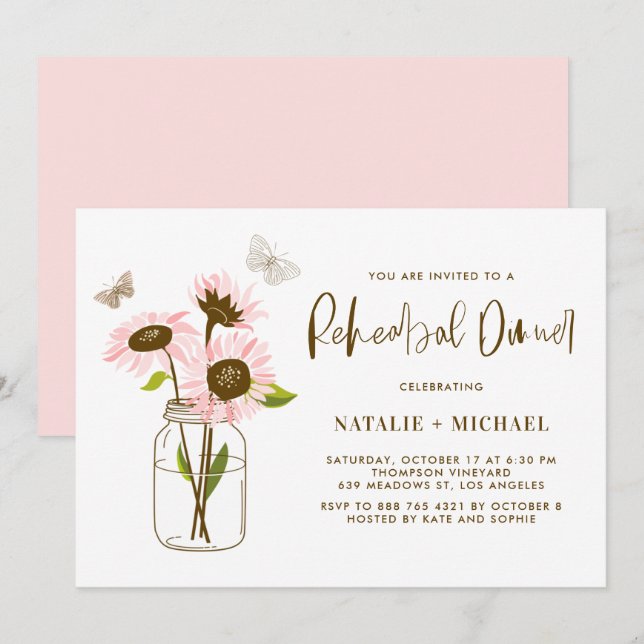 Mason Jar with Pink Sunflowers Rehearsal Dinner Invitation (Front/Back)