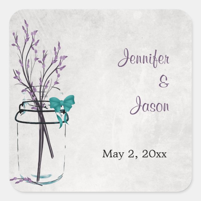 Mason Jar with Purple Branches - Save the Date Square Sticker (Front)