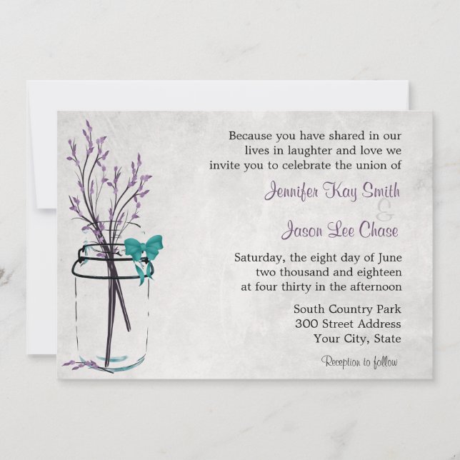 Mason Jar with Purple Branches Wedding Invitations (Front)