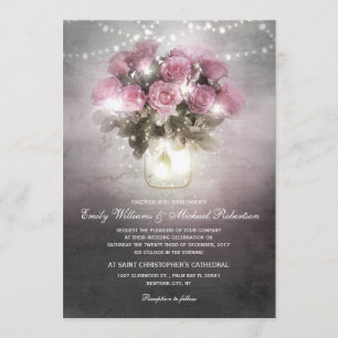Mason jar with roses string light wedding invitation